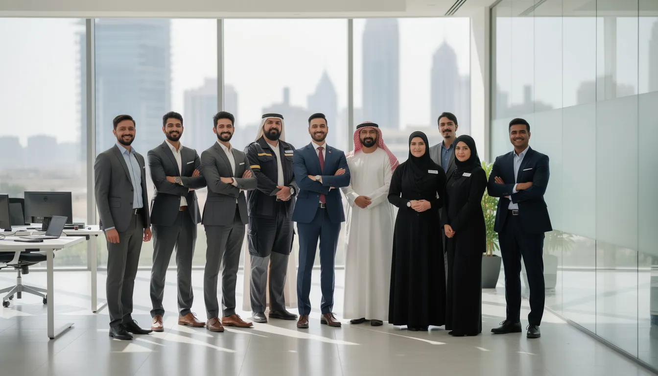 Diverse team of skilled workers ready for bulk hiring in Qatar.