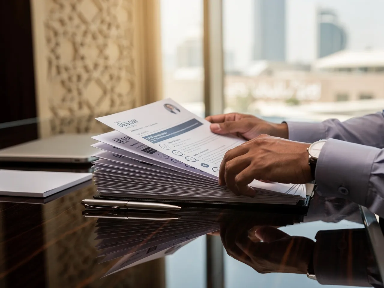 Recruiter reviewing resumes for bulk manpower hiring.