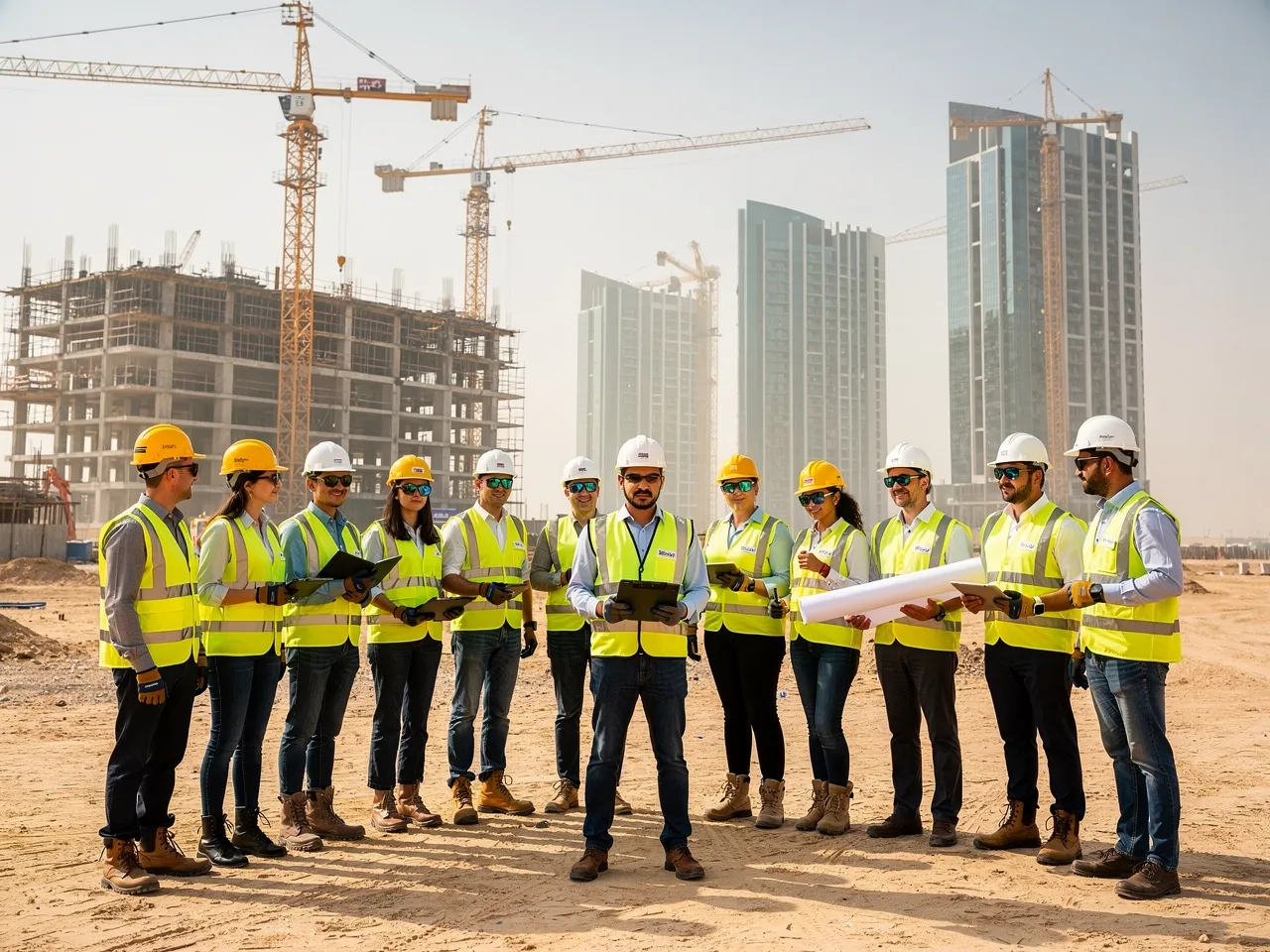Busy construction site in Qatar showcasing organized workforce.