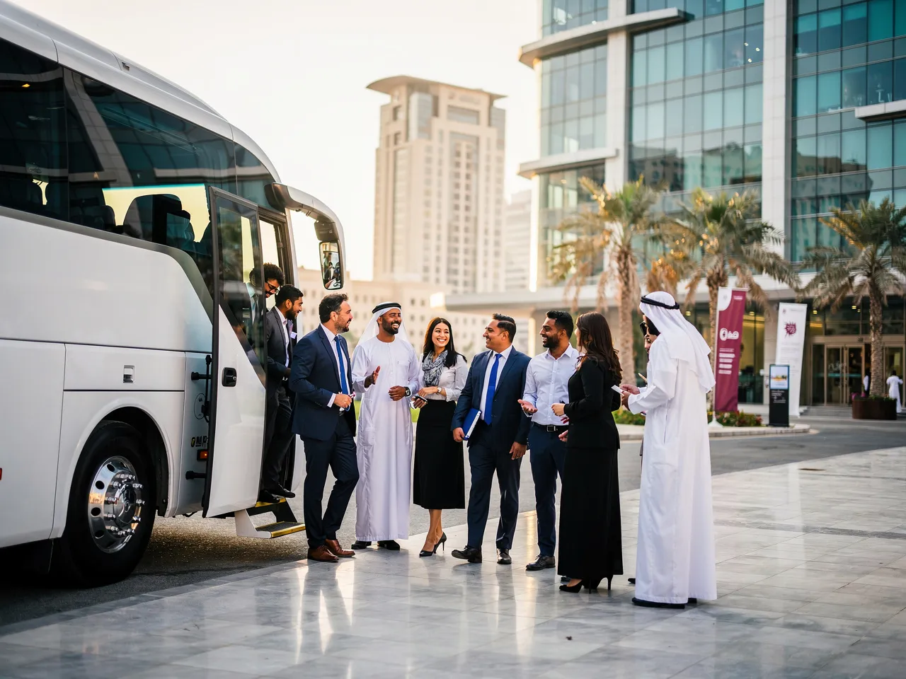 Professionals arriving at an event via bus rental in Doha
