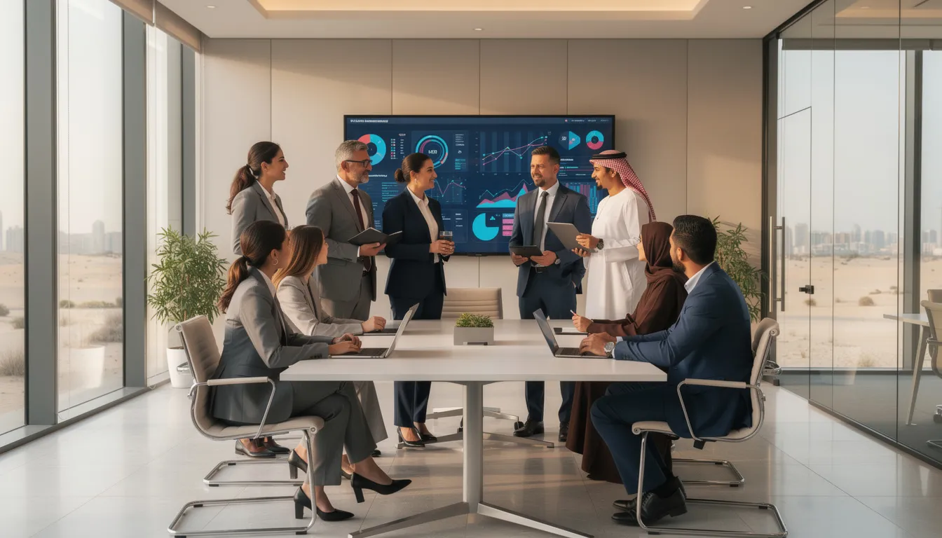 Business consultants collaborating in a modern office in Doha, Qatar