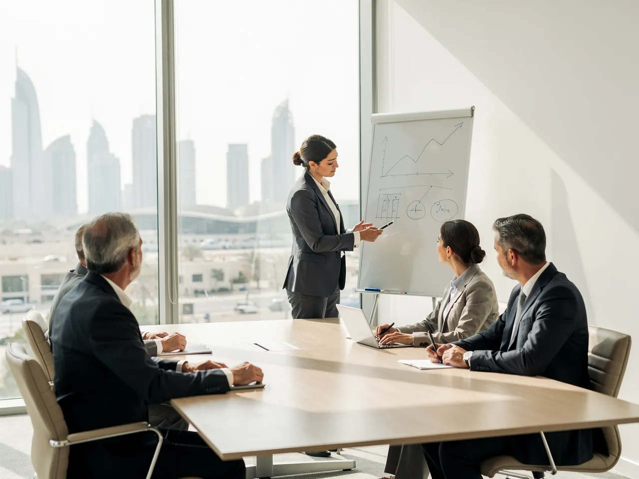Consultant explaining business strategy to a client in Qatar