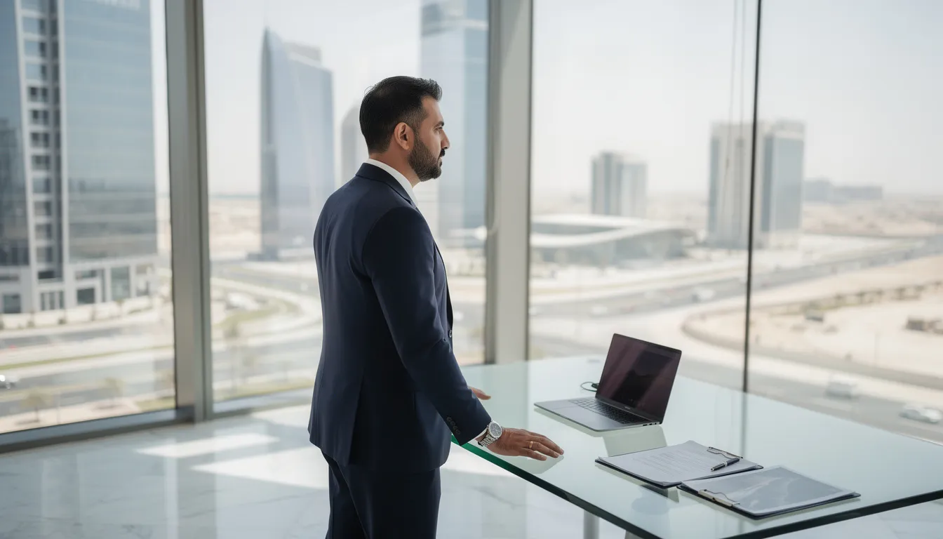 Business leader overlooking Doha cityscape, symbolizing strategic management