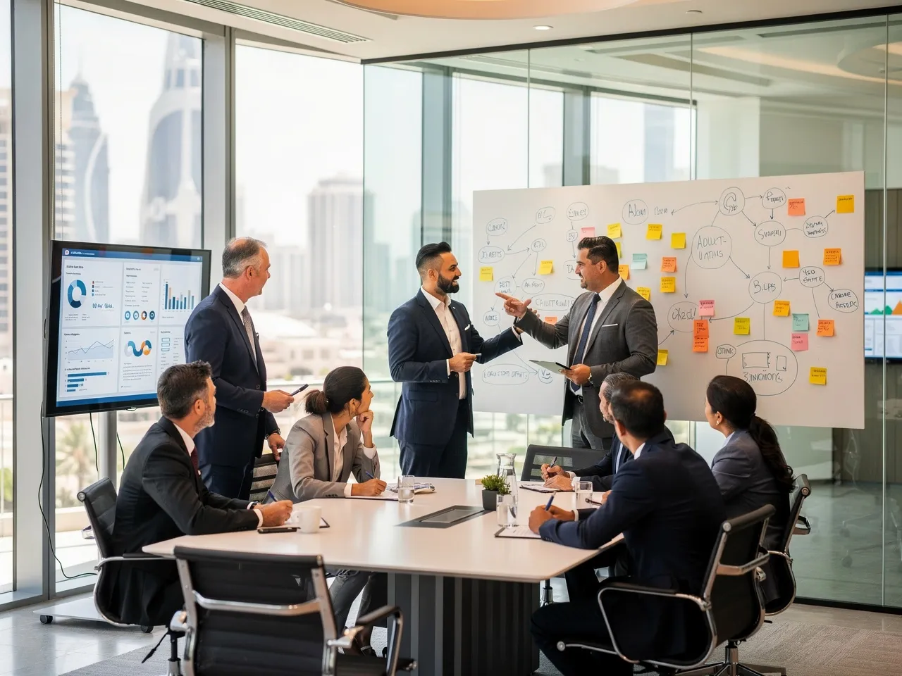 Management consultant leading a team workshop in Qatar