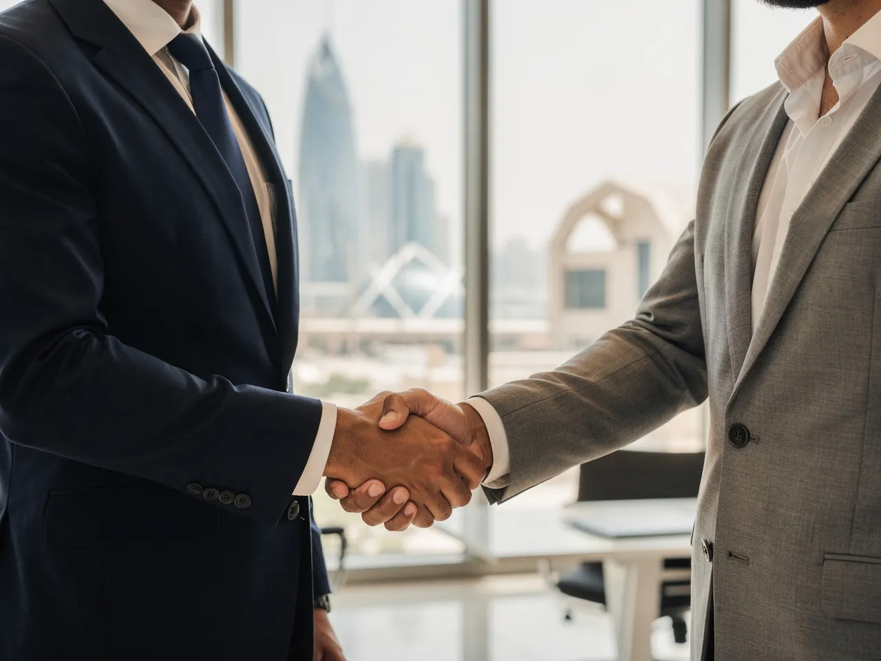 Professional handshake in a Doha business setting