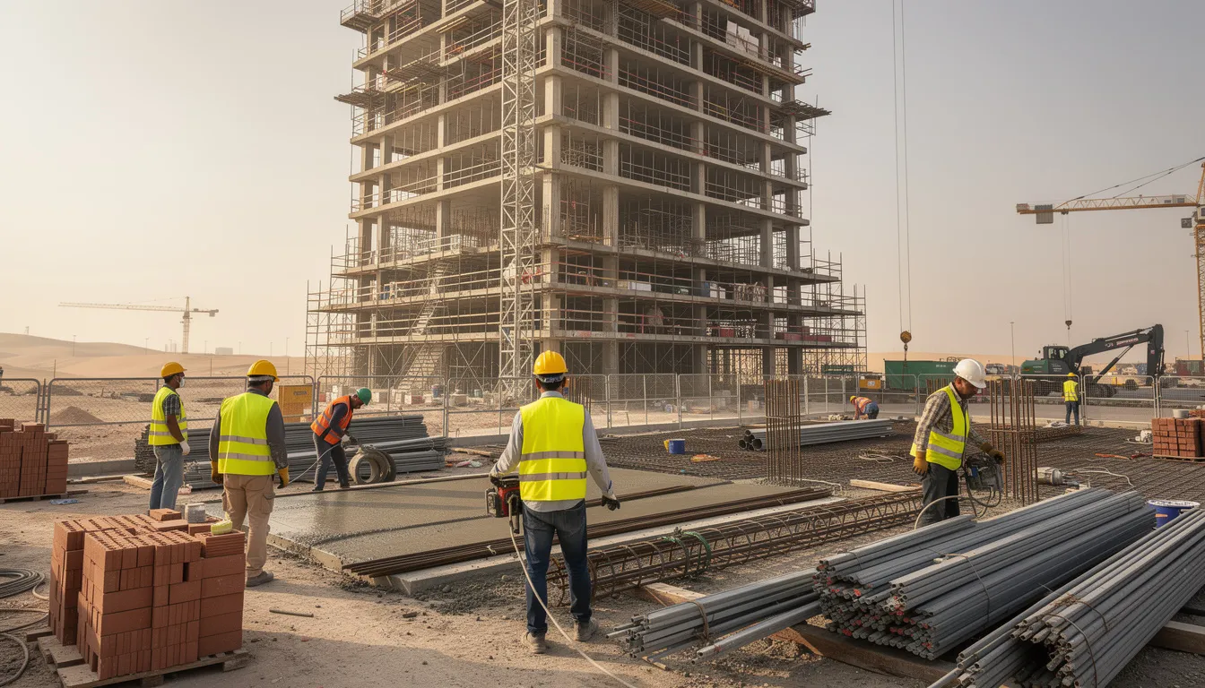 Construction site in Qatar with labourers working