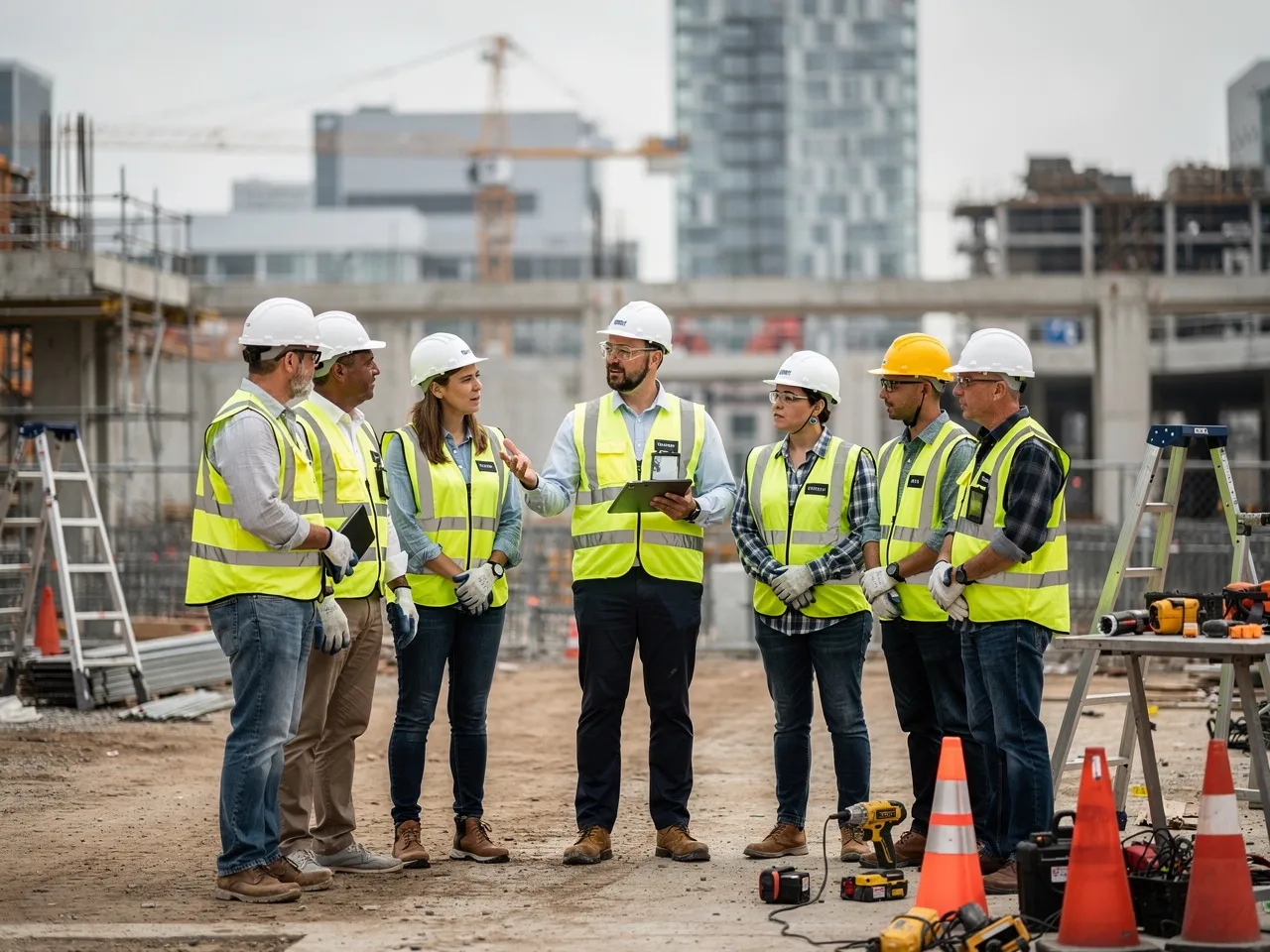 Foreman briefing construction workers
