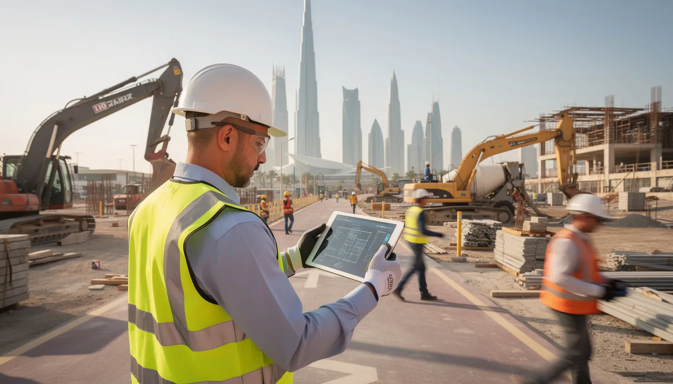 Construction manager reviewing blueprints on a tablet at a Doha construction site