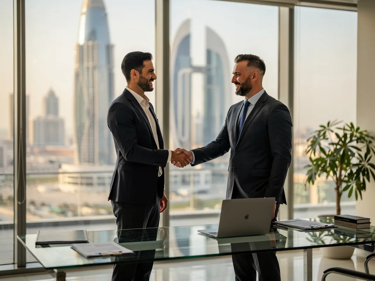 Consultant and client shaking hands in a Doha office