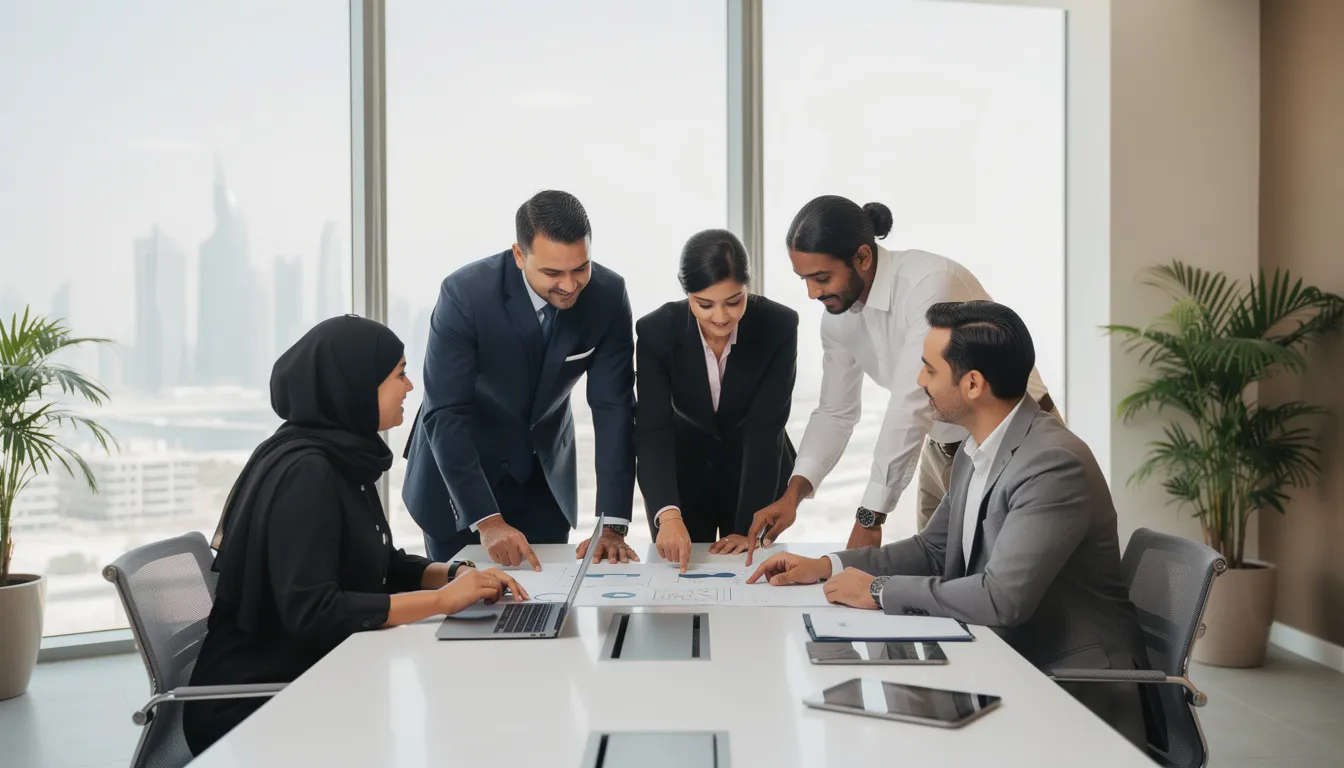 Professionals discussing a contract in a modern Doha office.