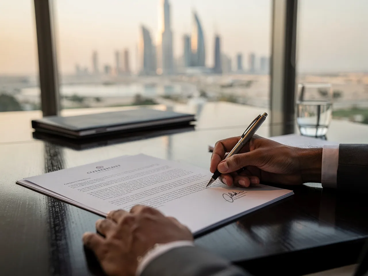 Close-up of hands signing a contract in Qatar.