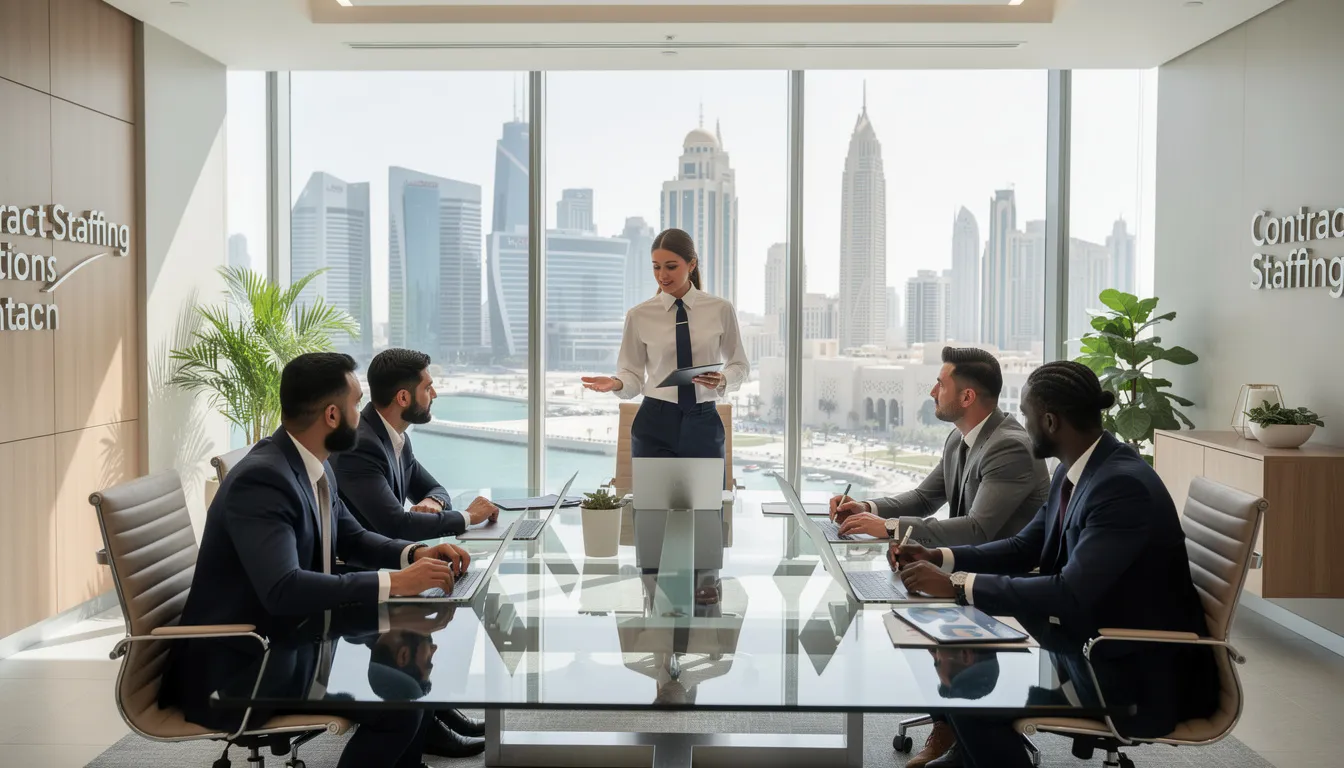 Diverse team collaborating in a modern office for contract staffing