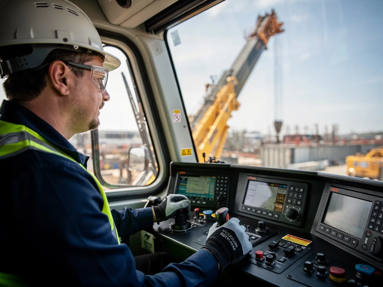 Crane operator in cabin controlling machinery