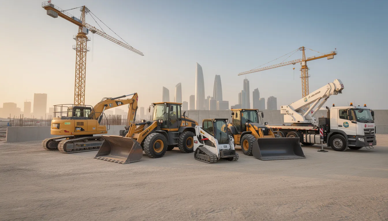 Assortment of construction equipment for hire in Qatar.