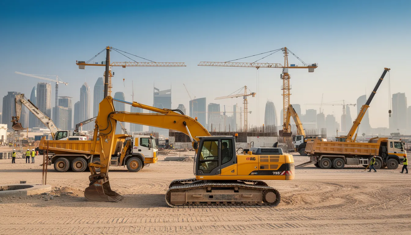 Heavy equipment fleet at a construction site in Doha