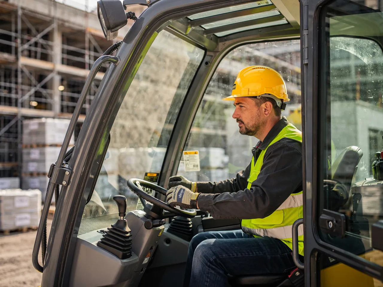 Operator using a telehandler on a construction site