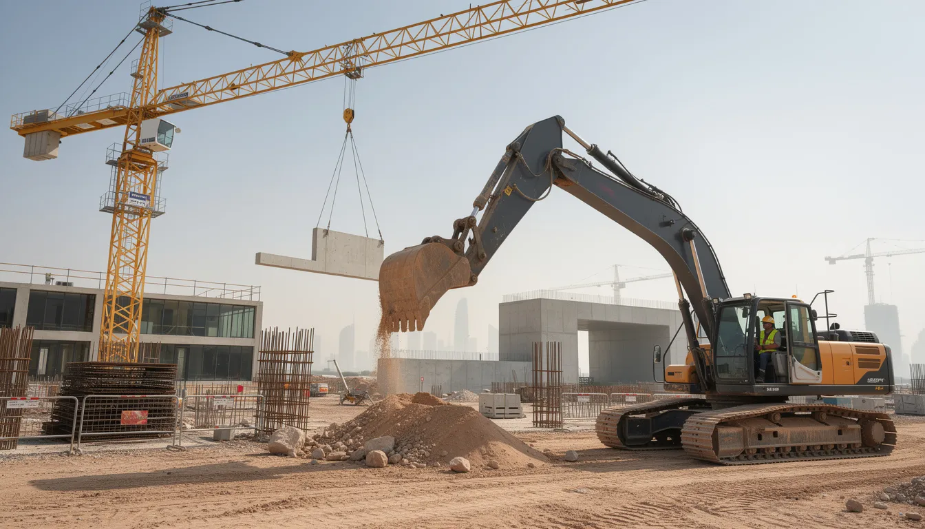 Construction site in Doha with heavy equipment and an operator.