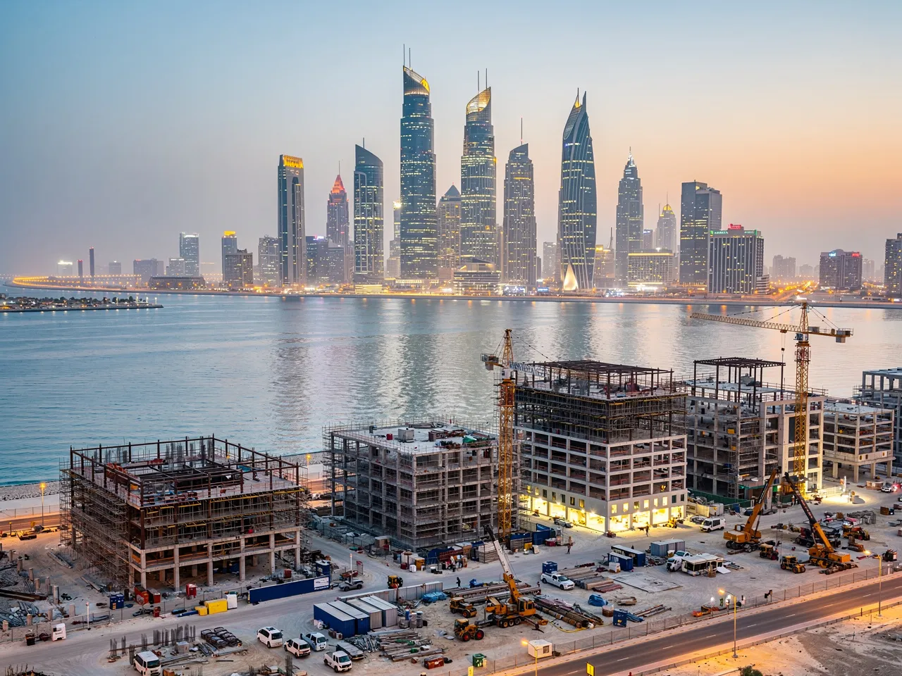 Doha skyline with construction projects, symbolizing development.