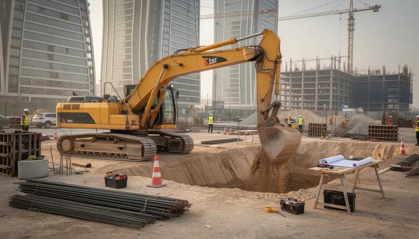 Excavator working on a construction site in Qatar