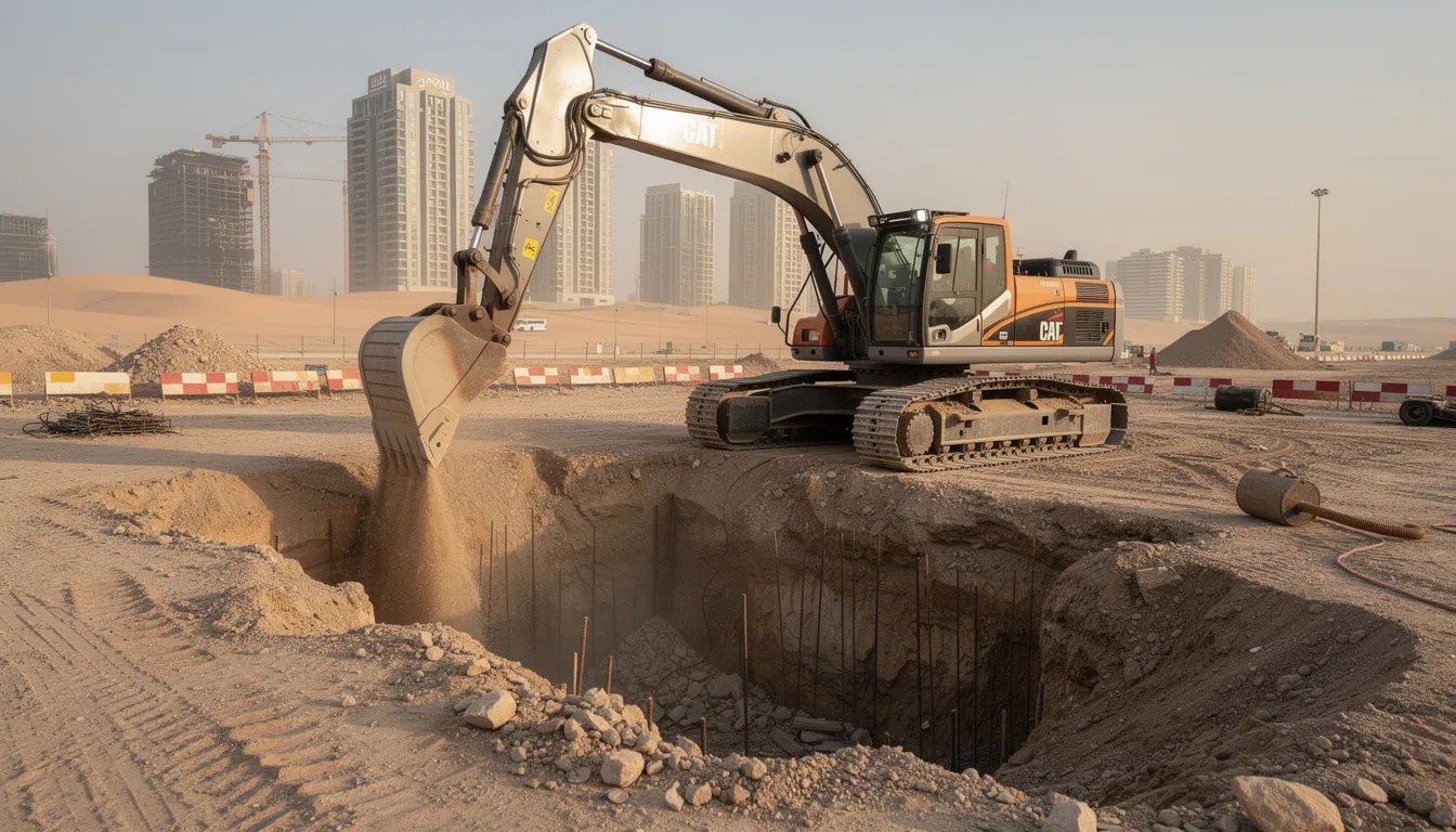 Excavator digging on a construction site in Qatar