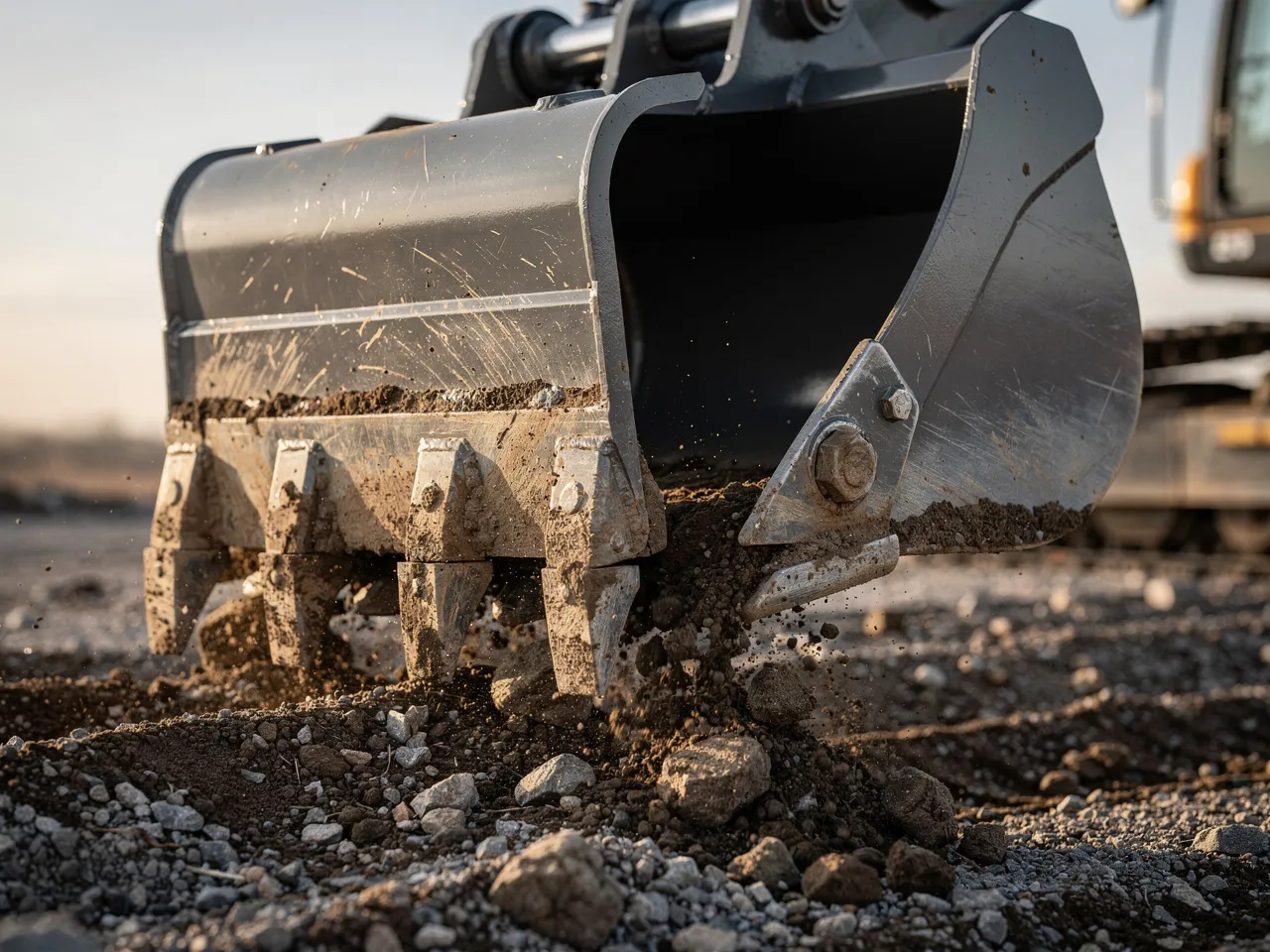 Close-up of an excavator bucket digging earth