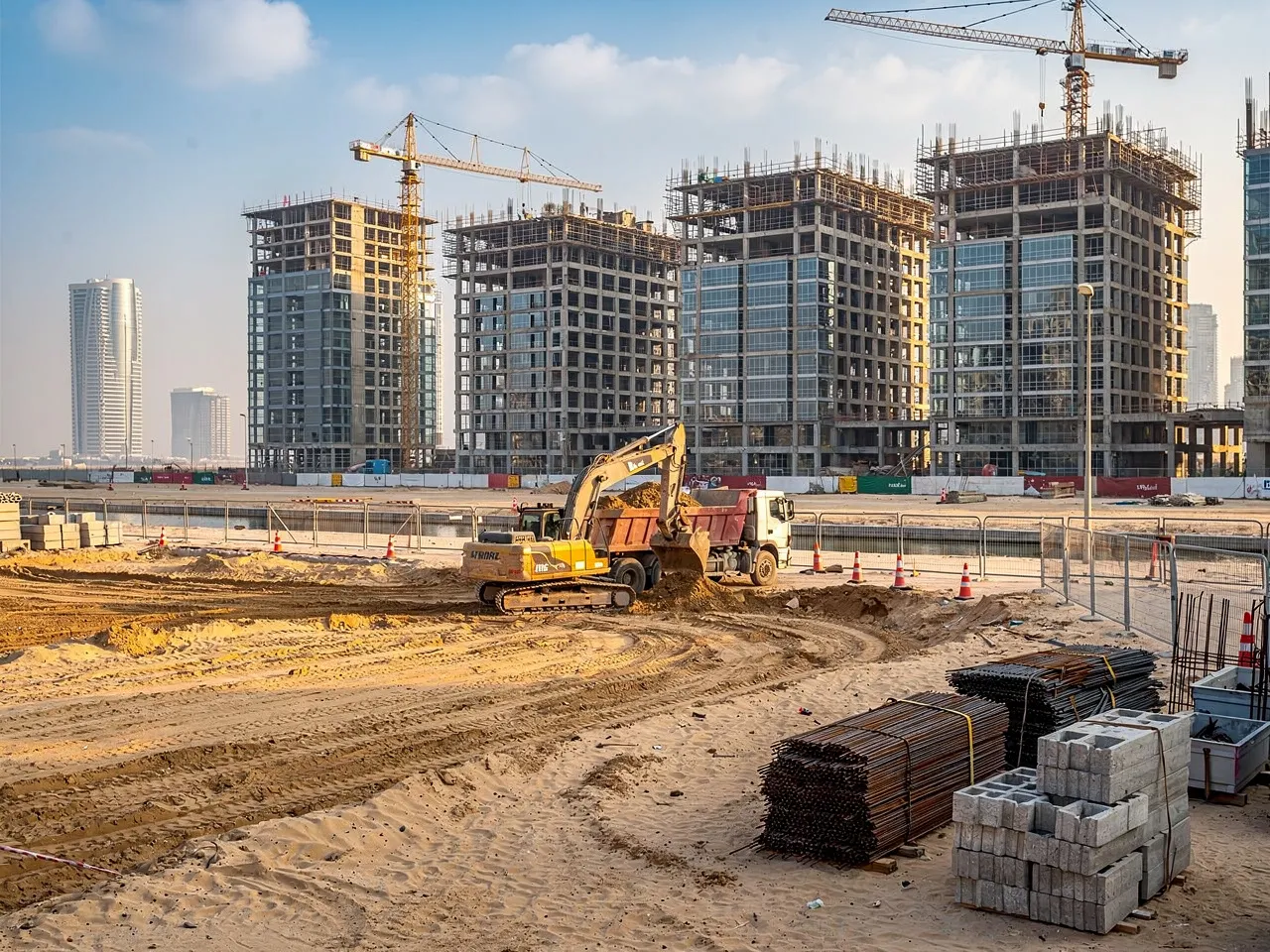 Construction activity in Lusail, Qatar with an excavator