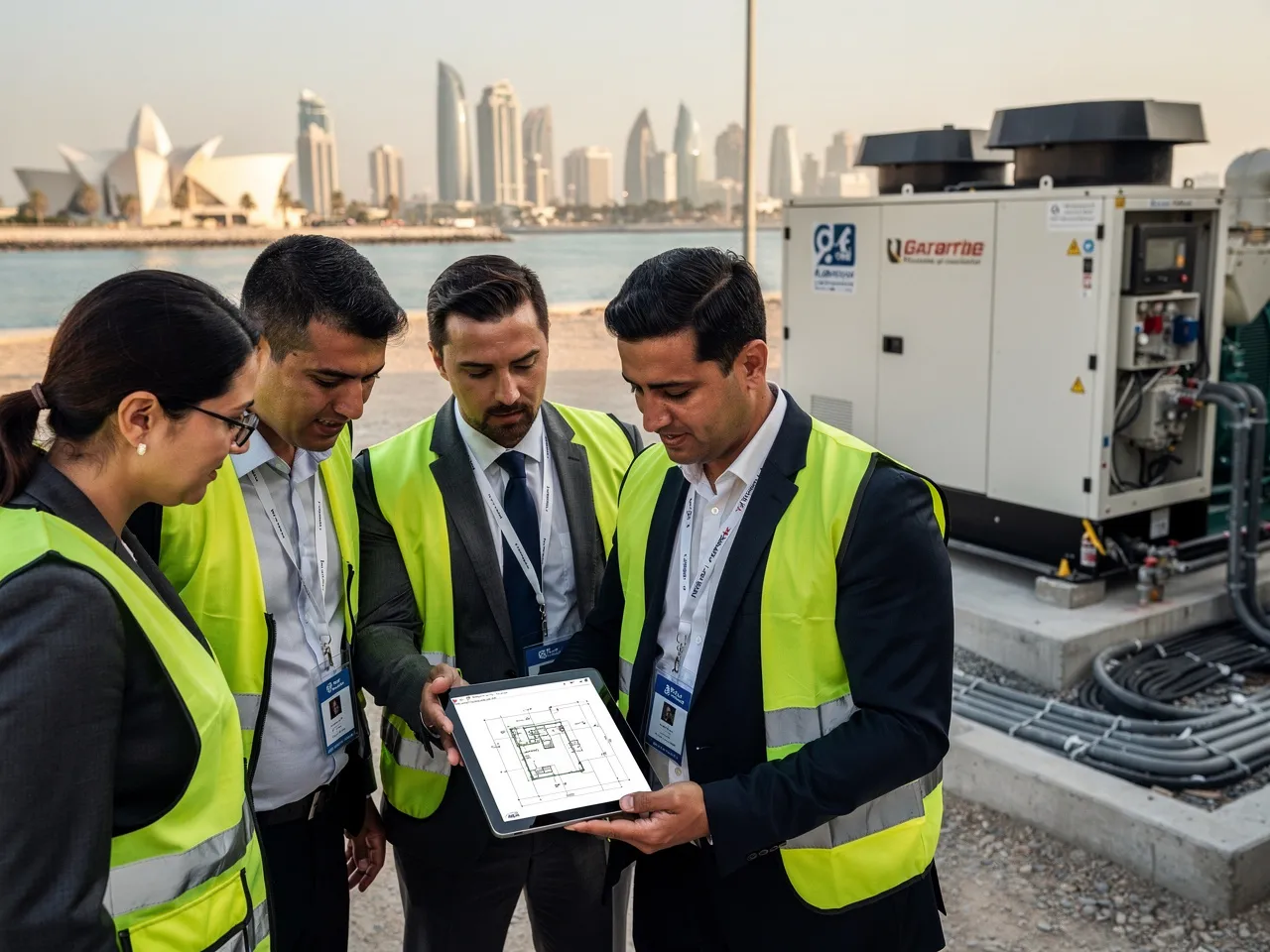Professionals discussing generator rental solutions in Qatar