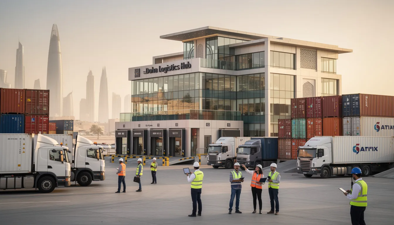 Logistics hub in Doha with containers and trucks