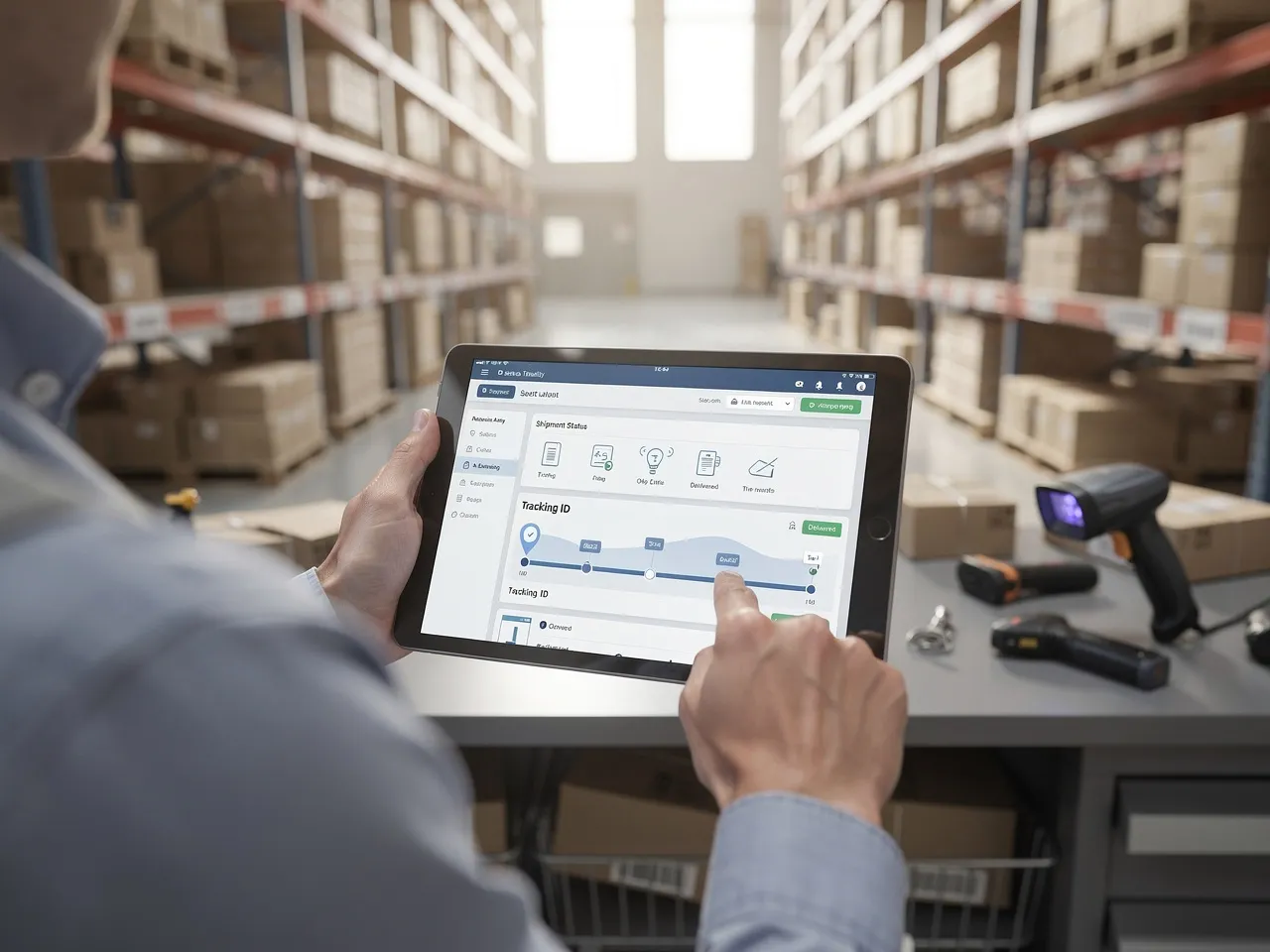 Logistics professional tracking shipment on tablet
