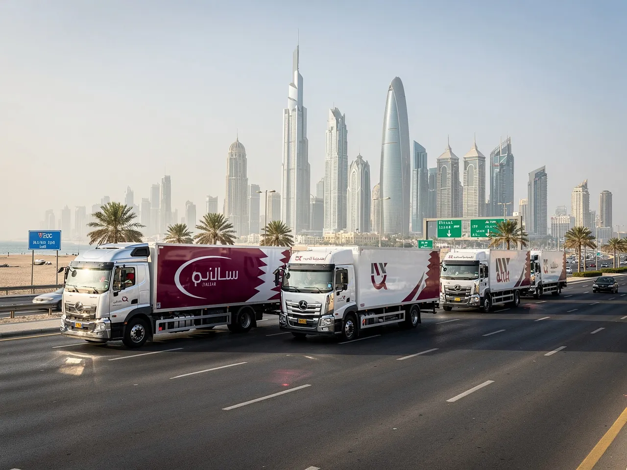 Logistics trucks on Qatar highway with Doha skyline