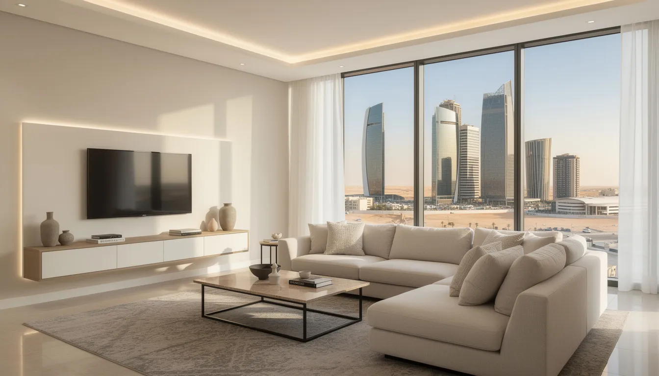 Spacious and modern living room in a long-term rental apartment in Doha.