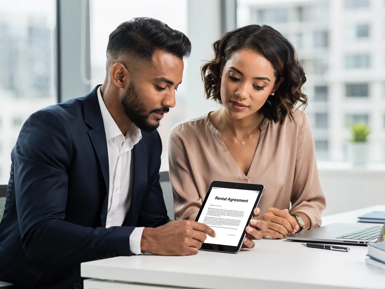 Professionals reviewing a rental agreement for a long-term property.