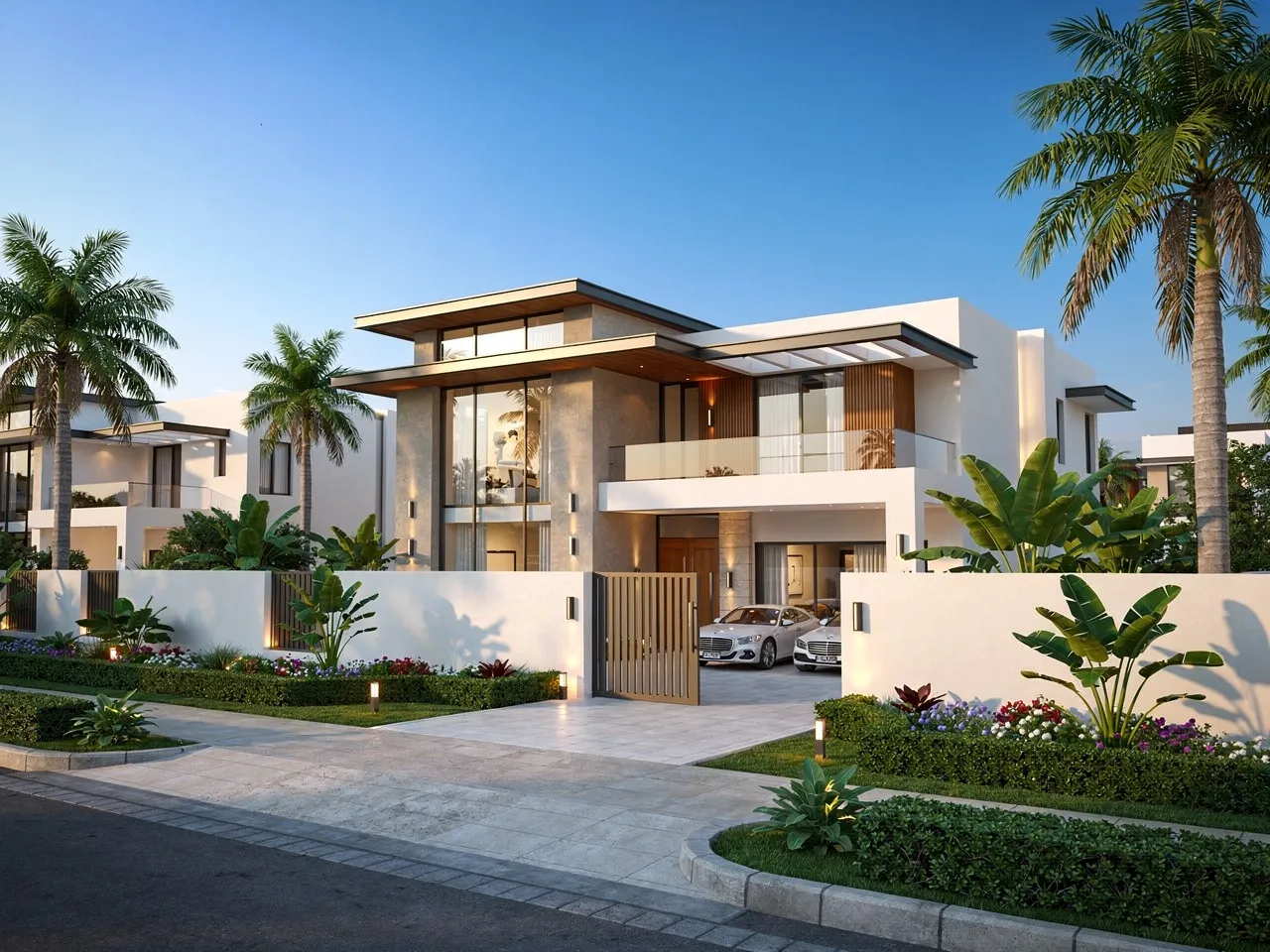 Exterior view of a modern villa available for long-term rent in Doha.