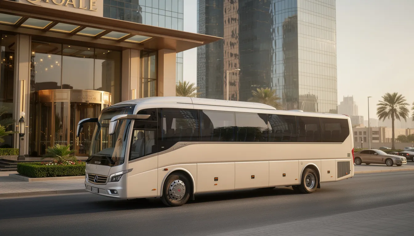 Luxury coach parked in front of a Doha landmark.