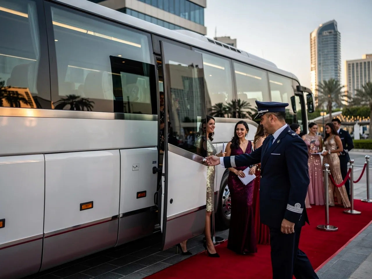 Chauffeur assisting passengers with a luxury coach in Doha.