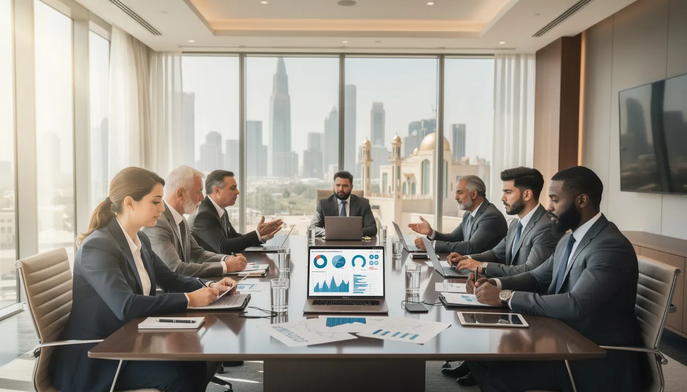Business leaders in strategic discussion in a Doha office