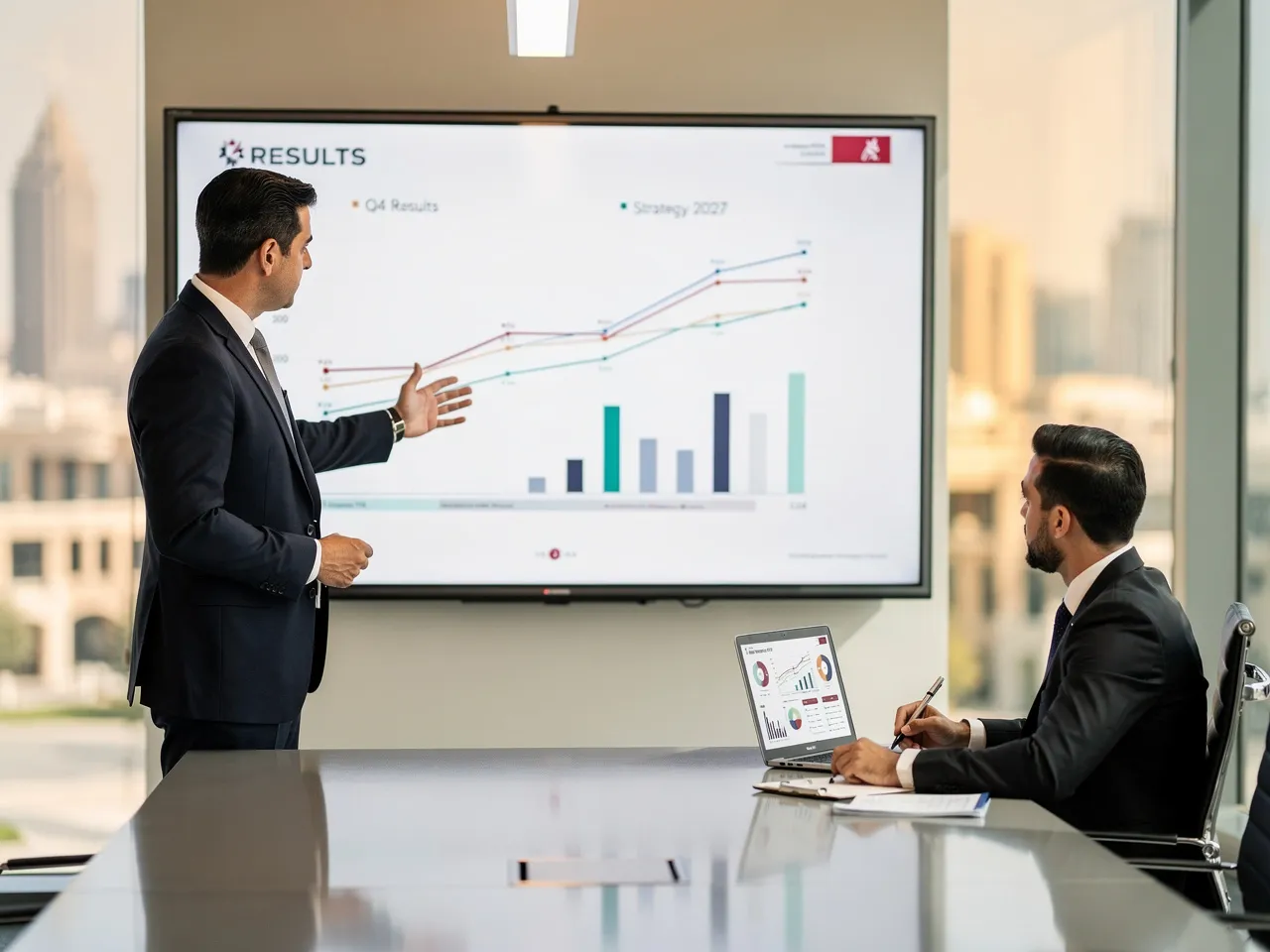 Consultant presenting strategy to client in Qatar office