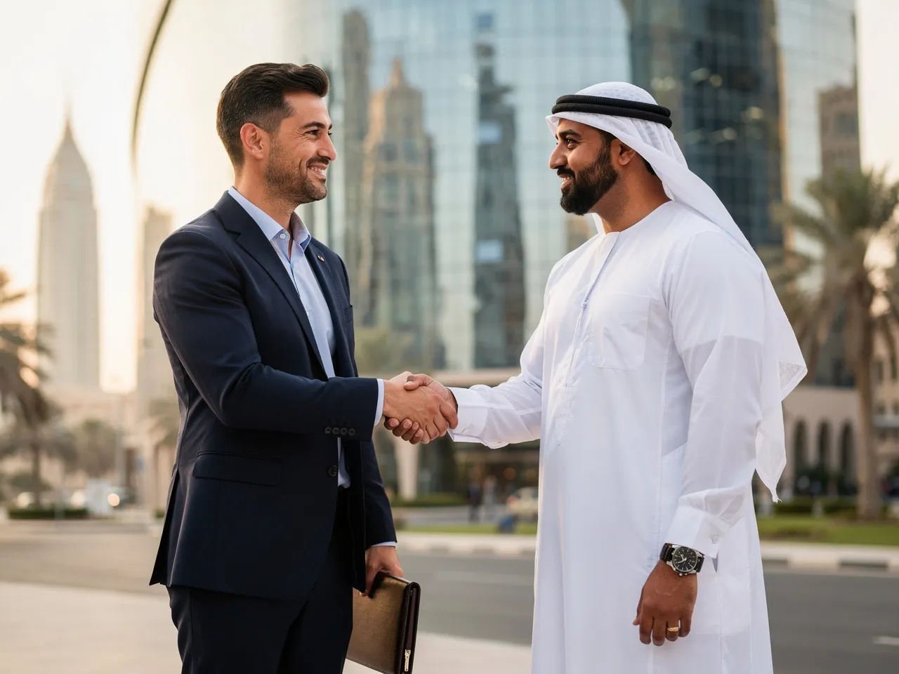 Handshake between consultant and Qatari business owner in Doha