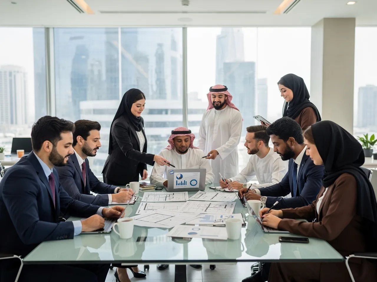 Diverse professionals collaborating in a Doha office.