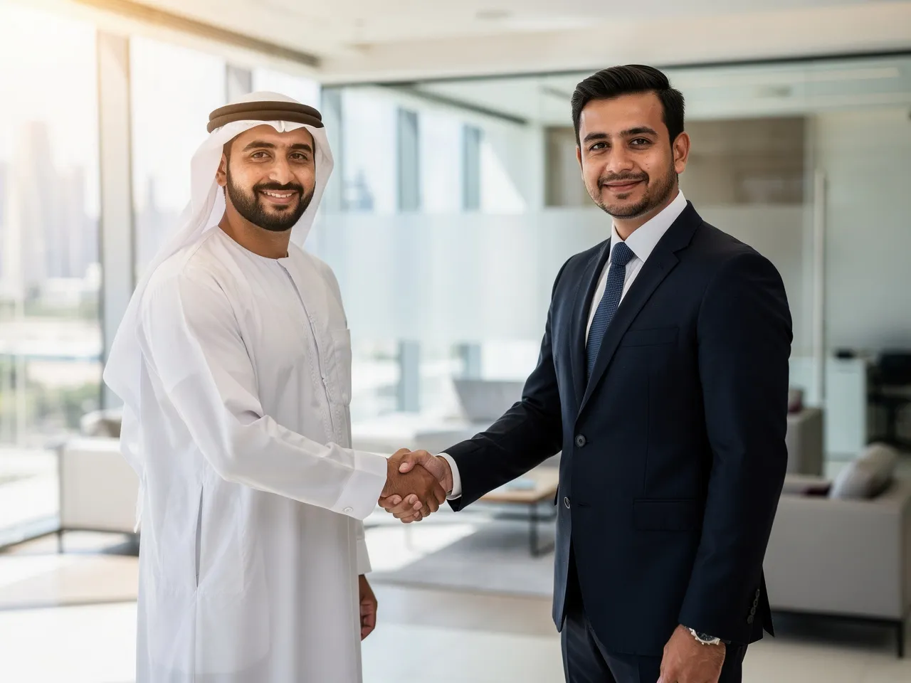 Business handshake symbolizing partnership in Qatar.