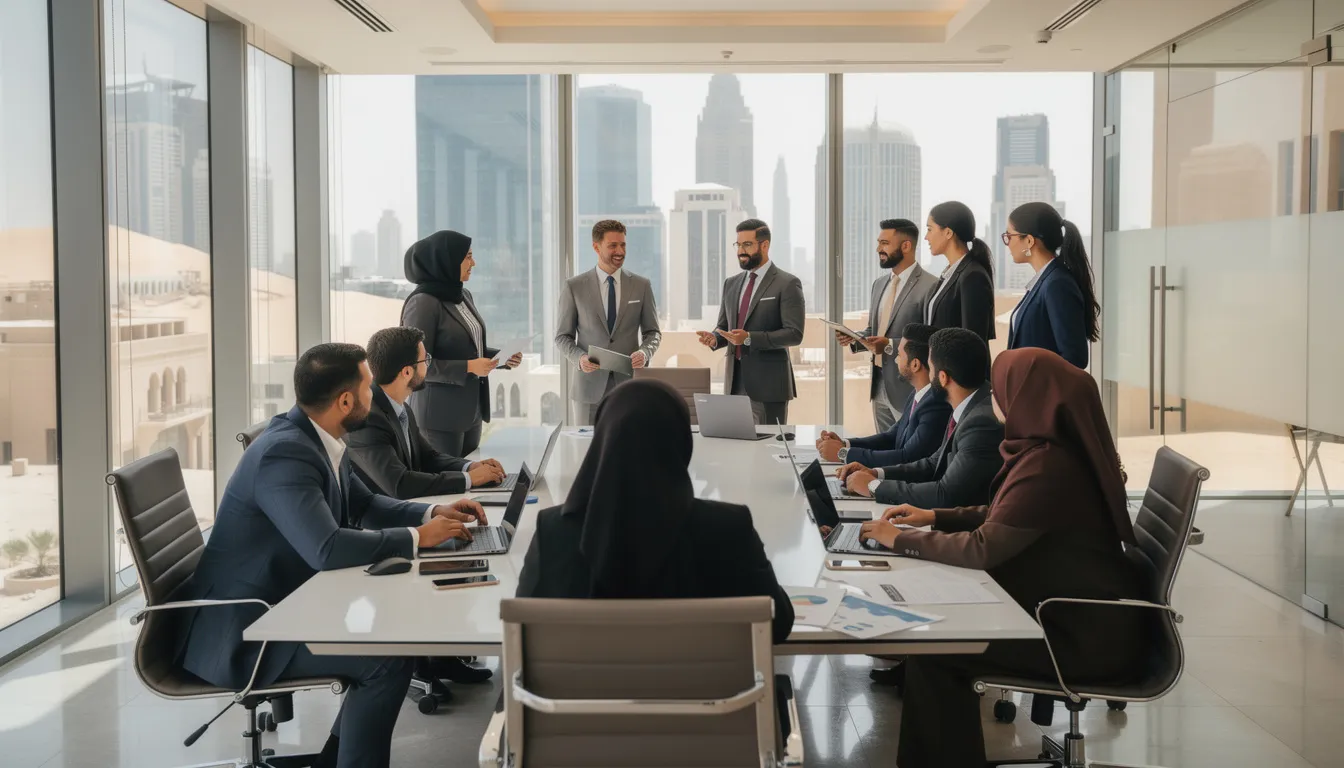 Diverse team collaborating in a modern office