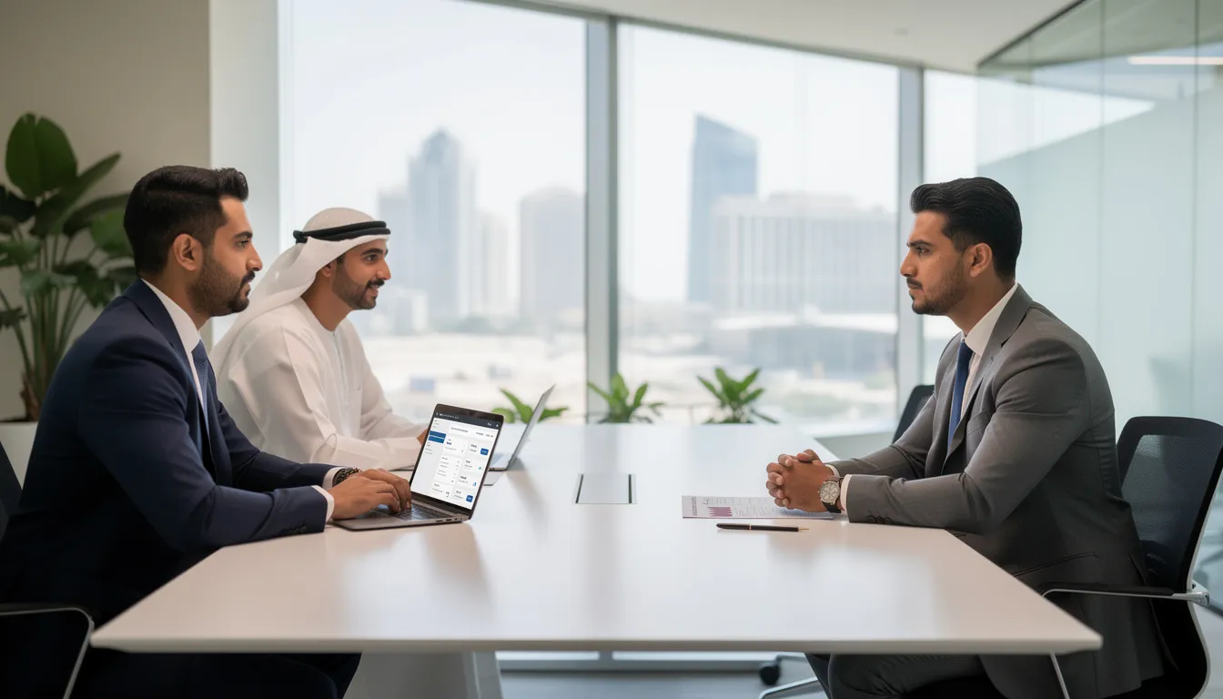 Recruitment team conducting an interview in a modern Qatar office