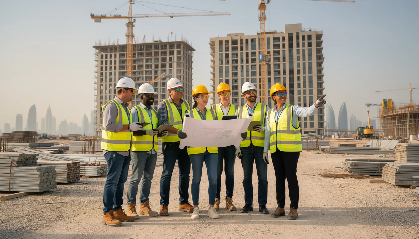 Diverse team of construction workers on a Doha project site