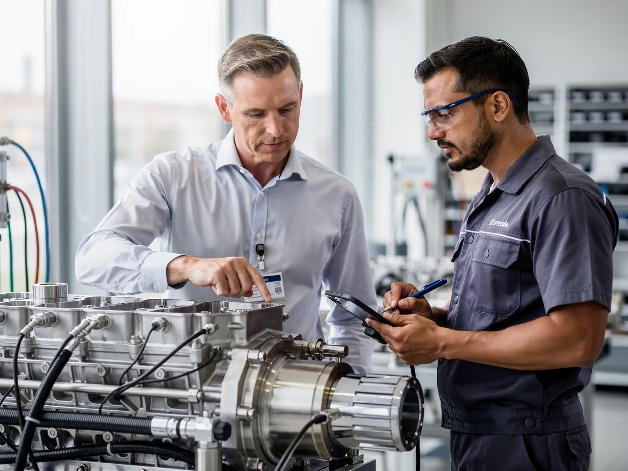 Supervisor and technician inspecting equipment