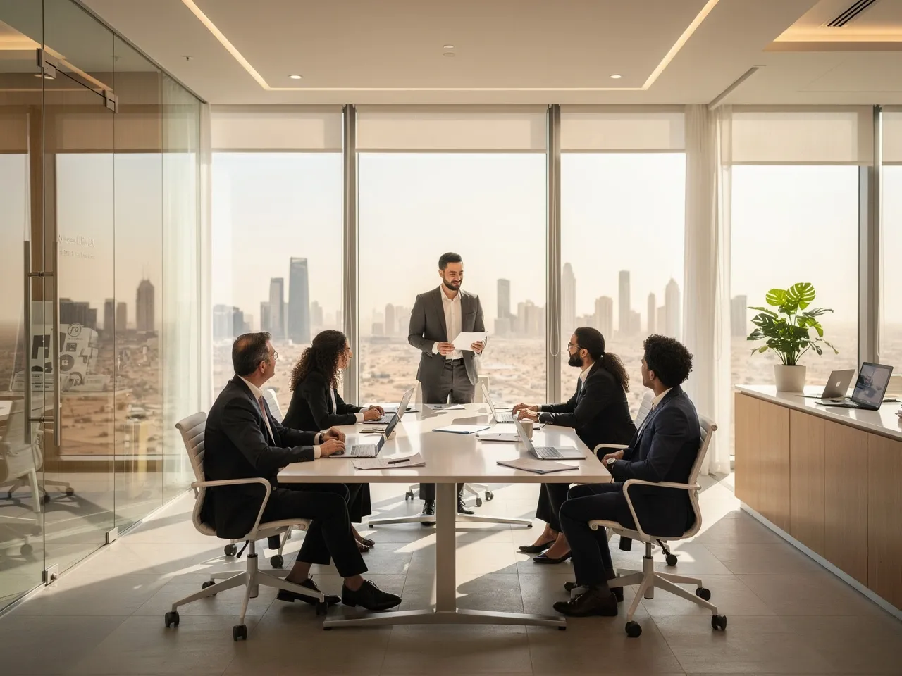Professional team collaborating in a modern Doha office