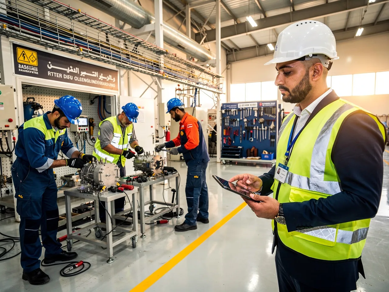 Supervisor overseeing skilled blue-collar workers at an industrial facility in Qatar