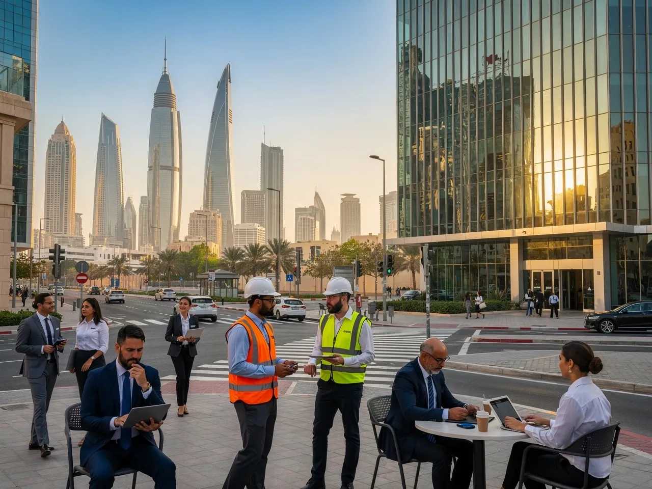 Vibrant business district in Doha with integrated workforce.