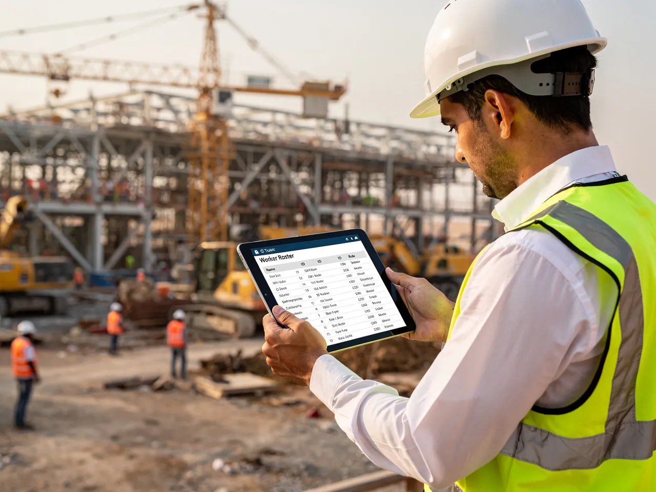 Project manager reviewing worker roster for bulk hiring