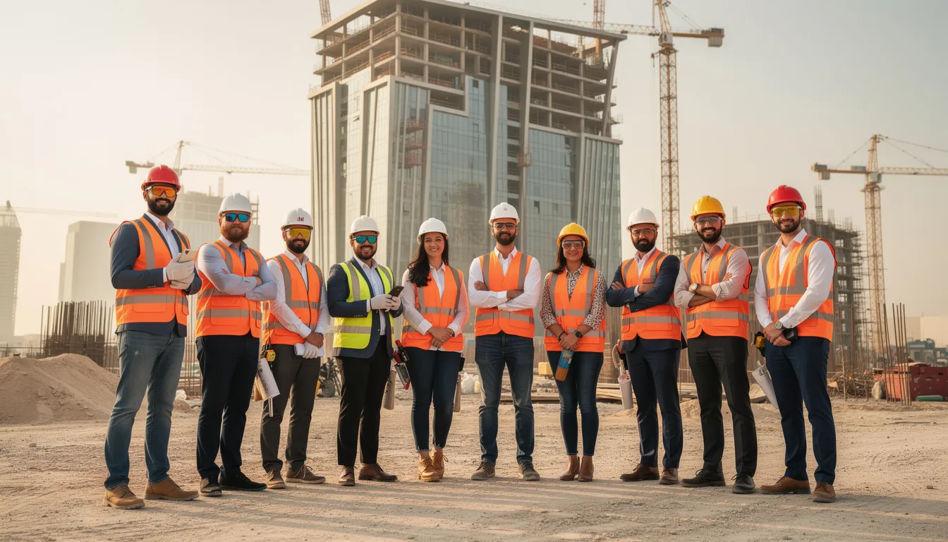 Diverse construction team on a job site in Qatar