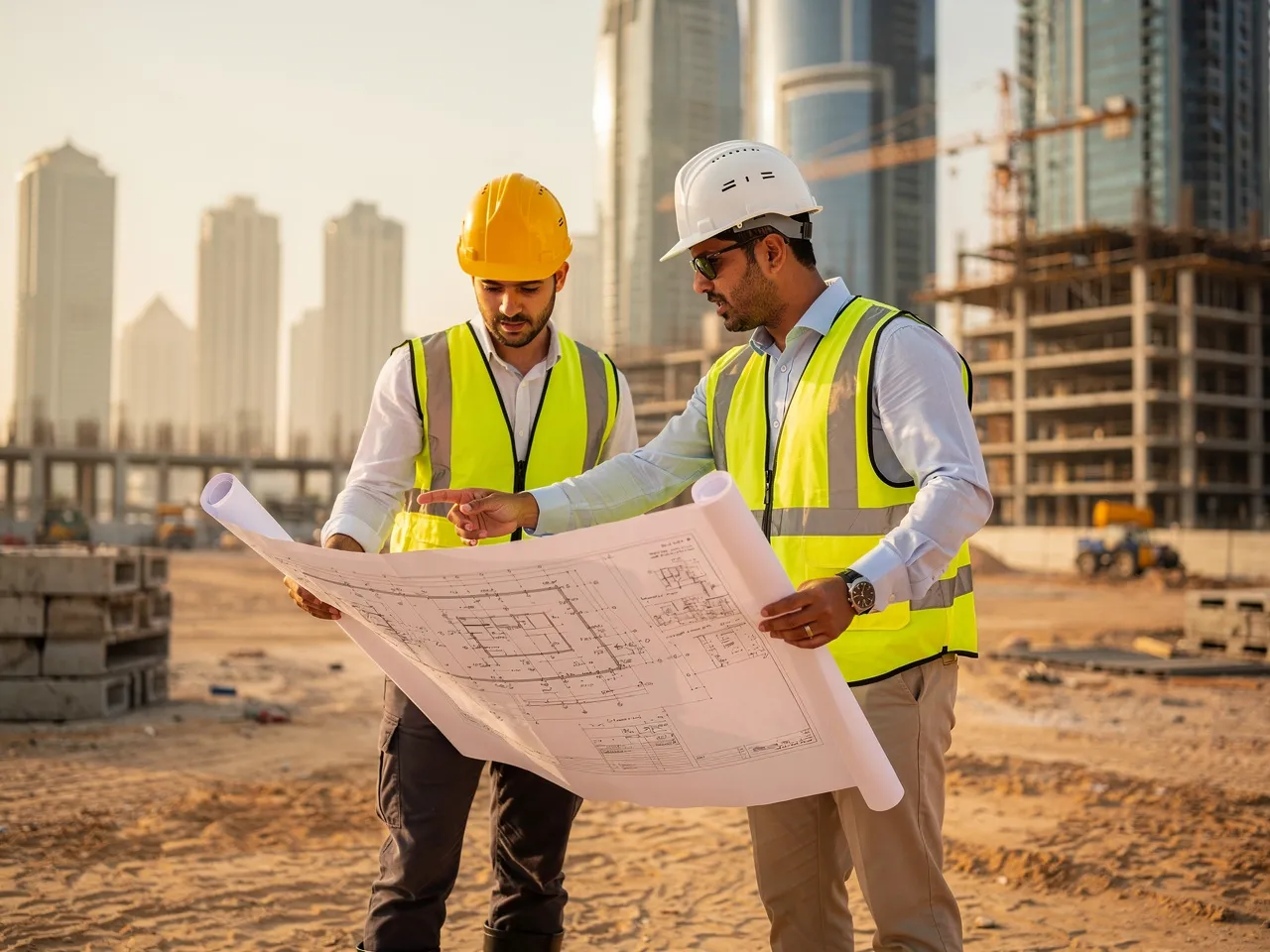 Project manager and foreman reviewing blueprints on site